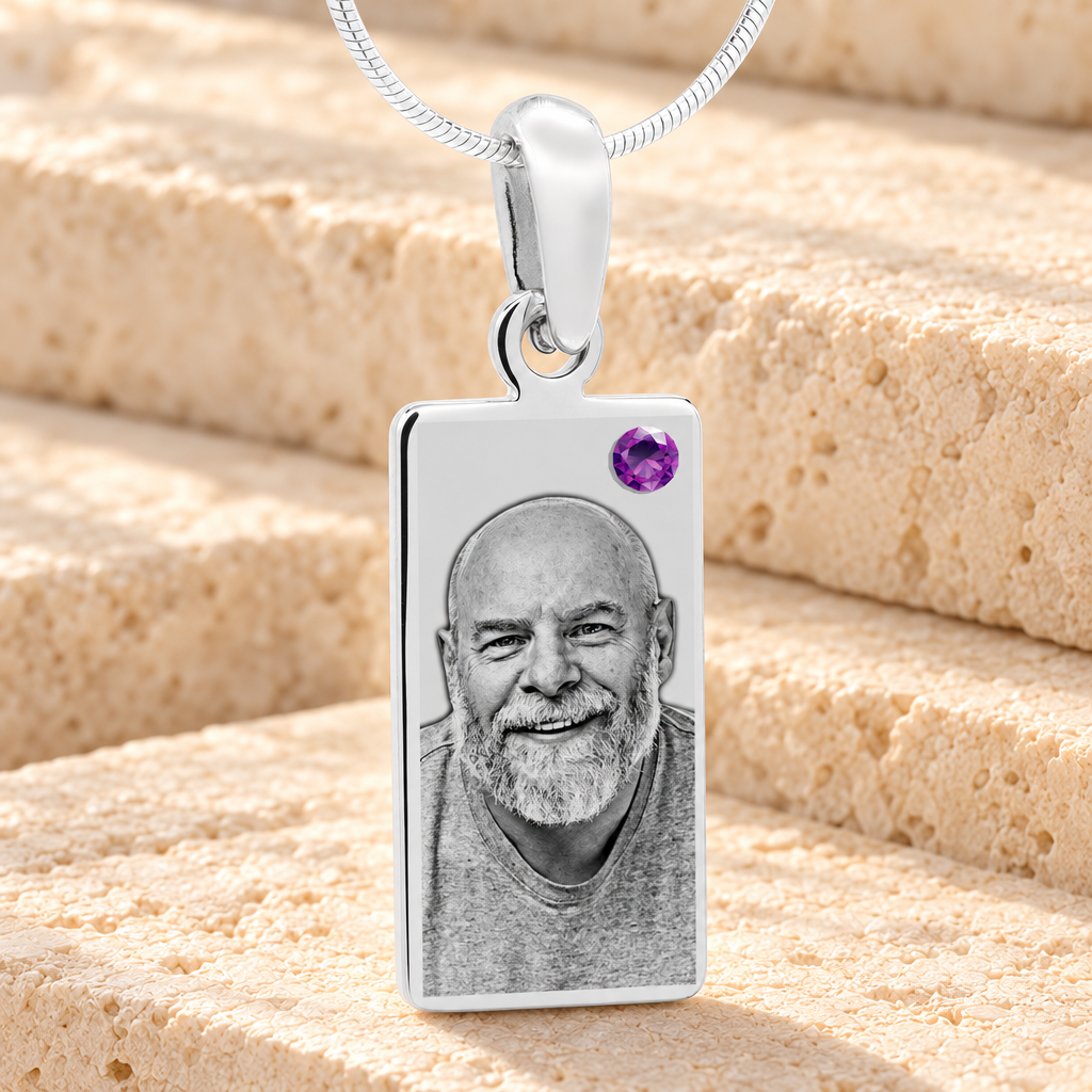 February Birthstone Stainless Steel Tower Photo Pendant — main product image