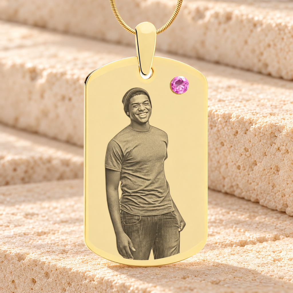 Birthstone Large Dog Tag June Photo Engraved Gold Plated over Stainless Keepsake — main product image
