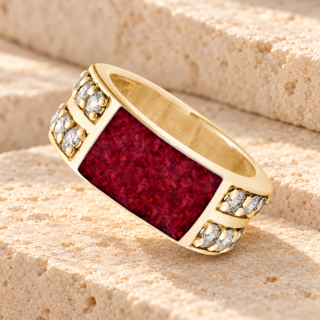 Solid 14K Gold Men's Yellowstone Ash Ring with Scarlet Pearl Opal — main product image