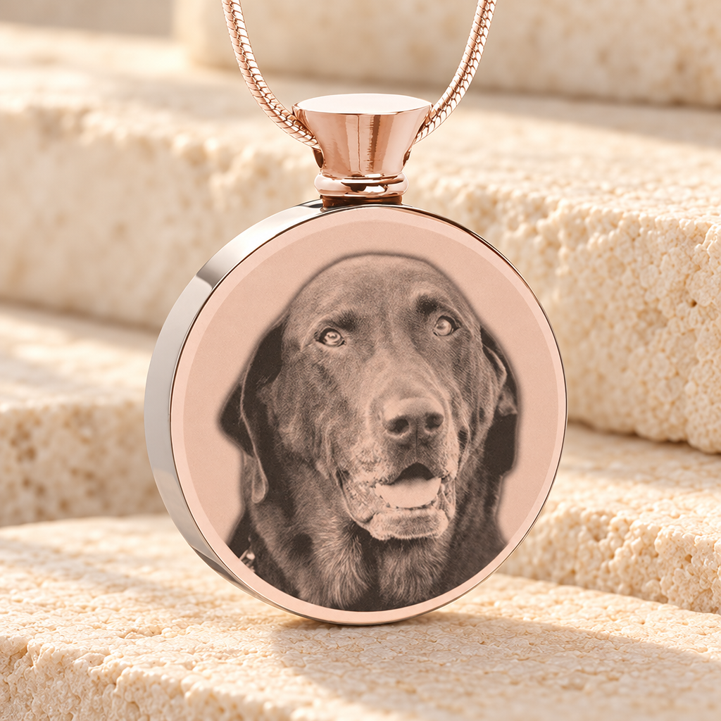 Round Rose Gold Plated Photo Engraved Pet Ash Pendant — main — evr6413rg