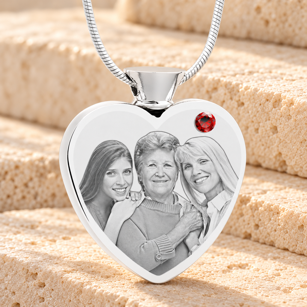January Birthstone Heart Stainless Steel Picture Engraved Ash Pendant — main product image