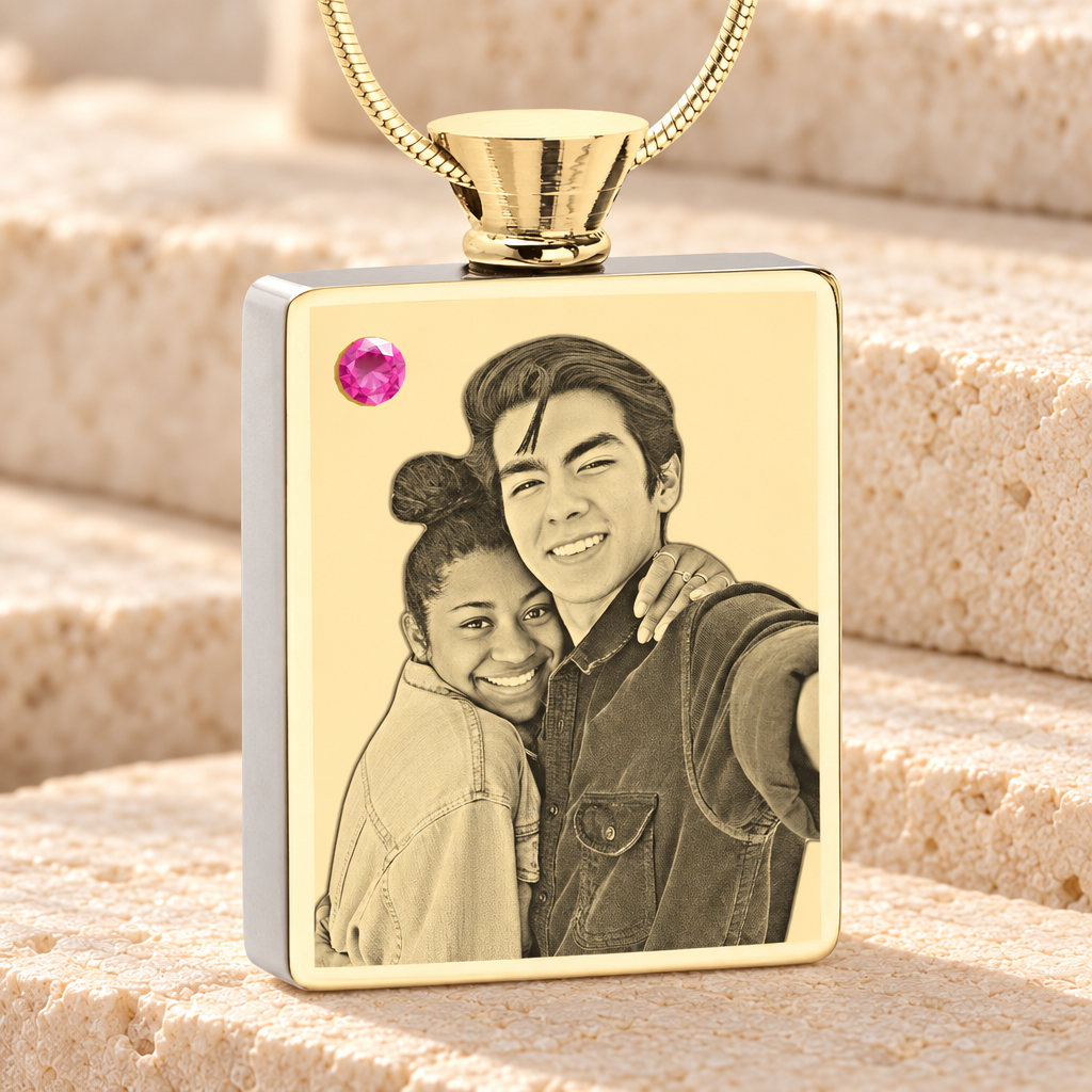October Birthstone Rectangle Gold Plated Photo Engraved Ash Pendant — main product image