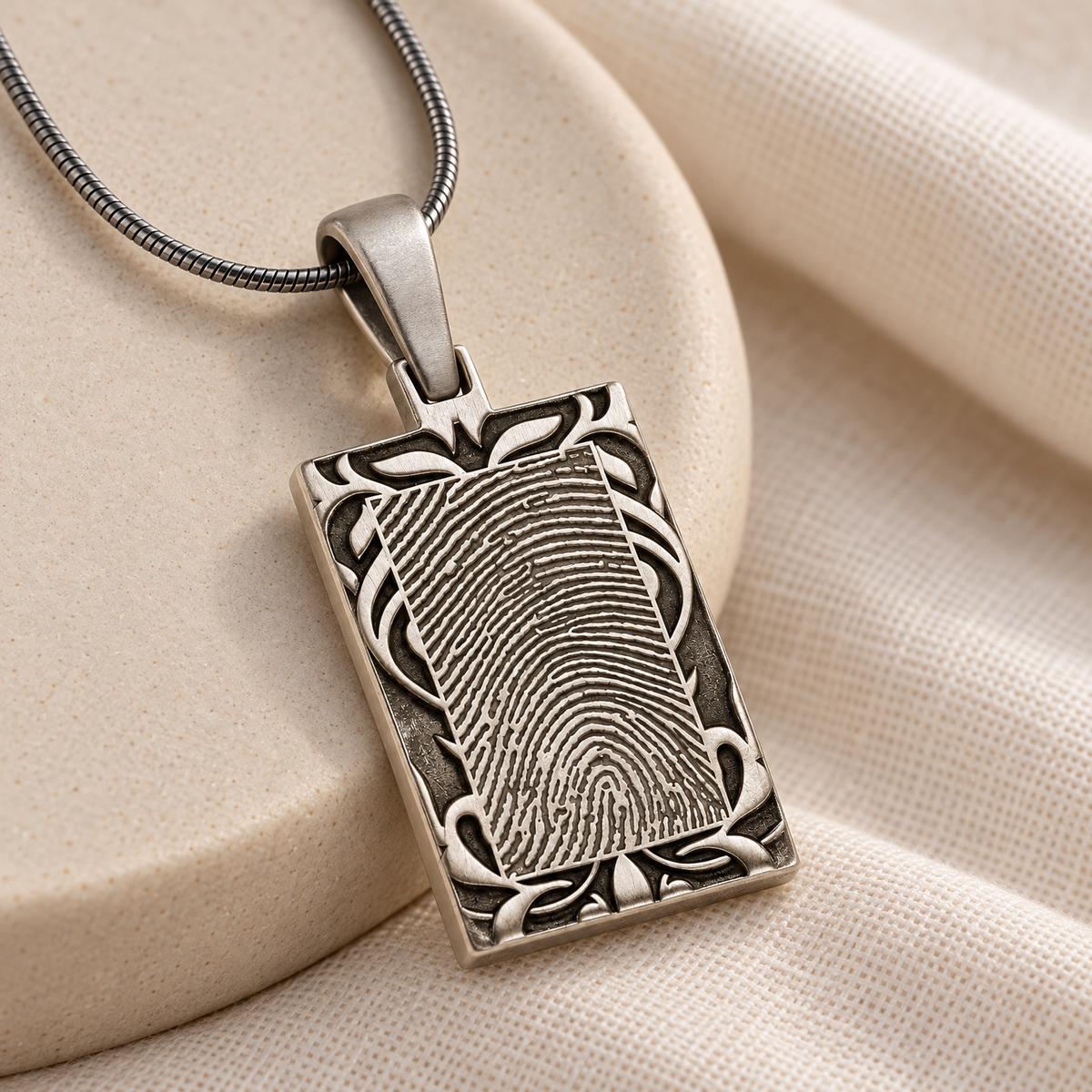 Carved Antique Sterling Silver Rectangle Fingerprint Necklace — alternate view — evr4821as