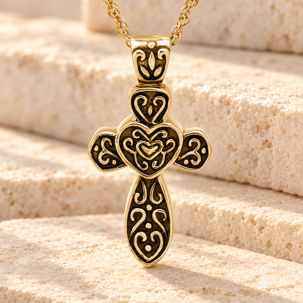 14K Gold Cathedral Cross Cremation Keepsake — main — evr858kg