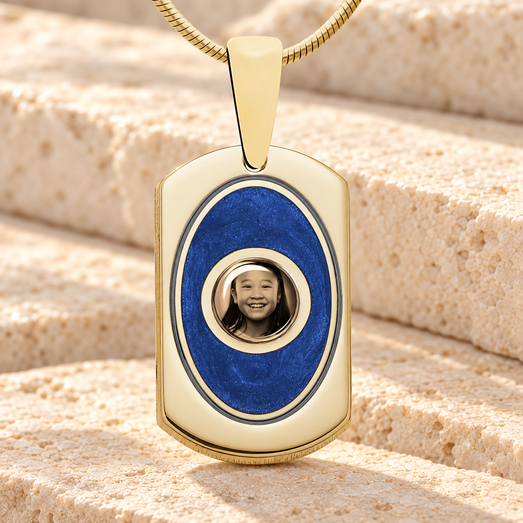 Dog Tag 14K Gold Picture Pendant With Lazuline Ashes — main product image