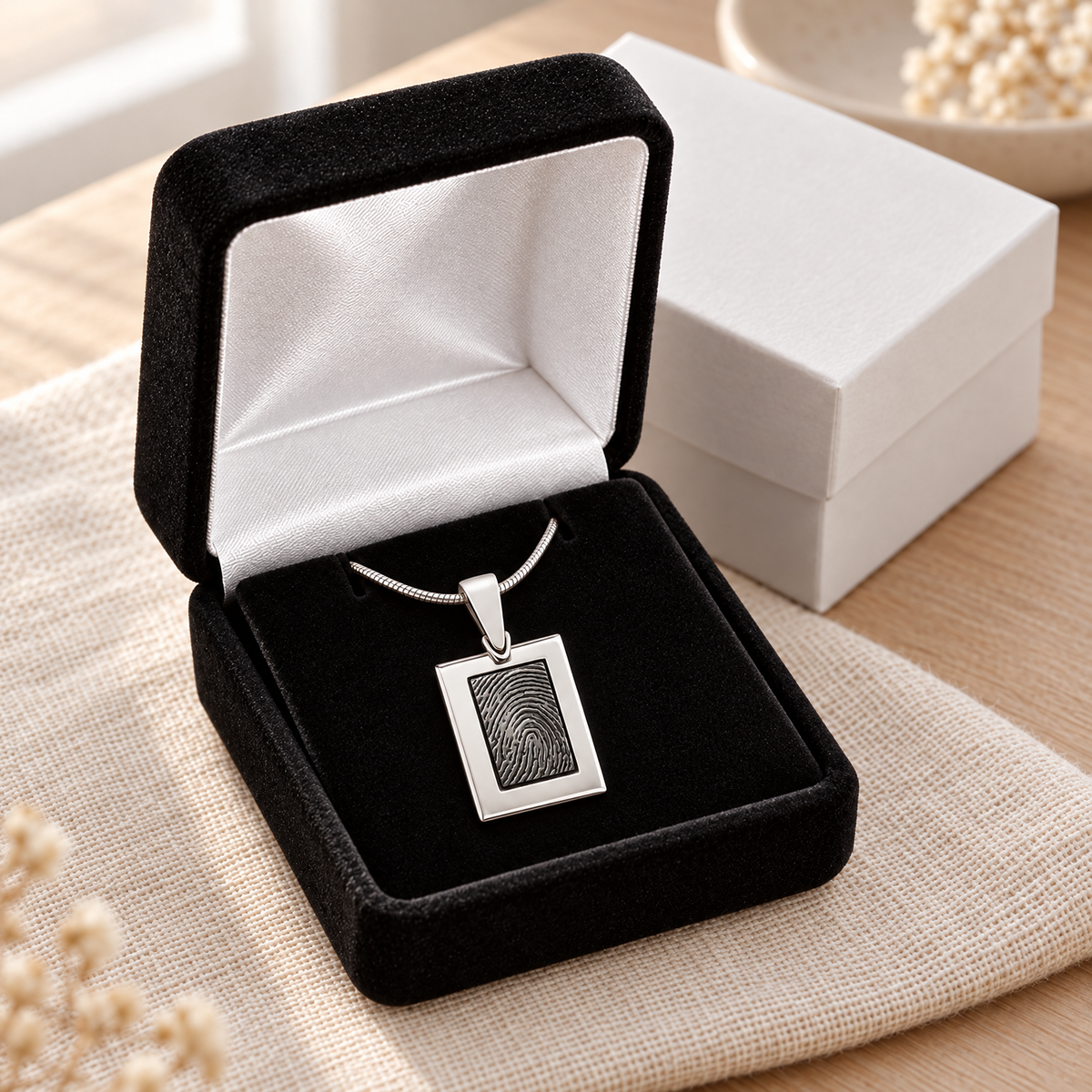 Black Square Silver Frame Fingerprint Necklace — gift box — evr4802sb