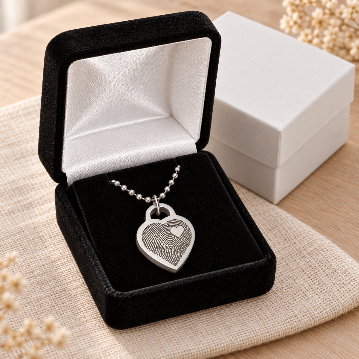 Brushed Thick Stainless Steel Small Heart Fingerprint Necklace — gift box — evr4894fp