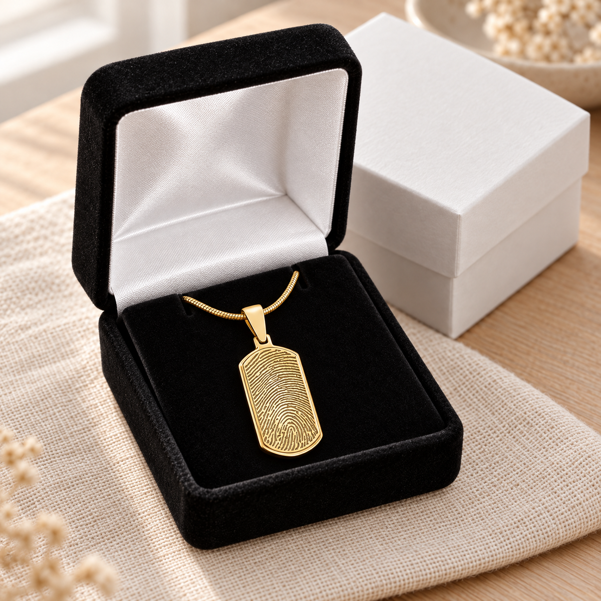 Solid 14k Gold Dog Tag Fingerprint Necklace — gift box — evr4708kg