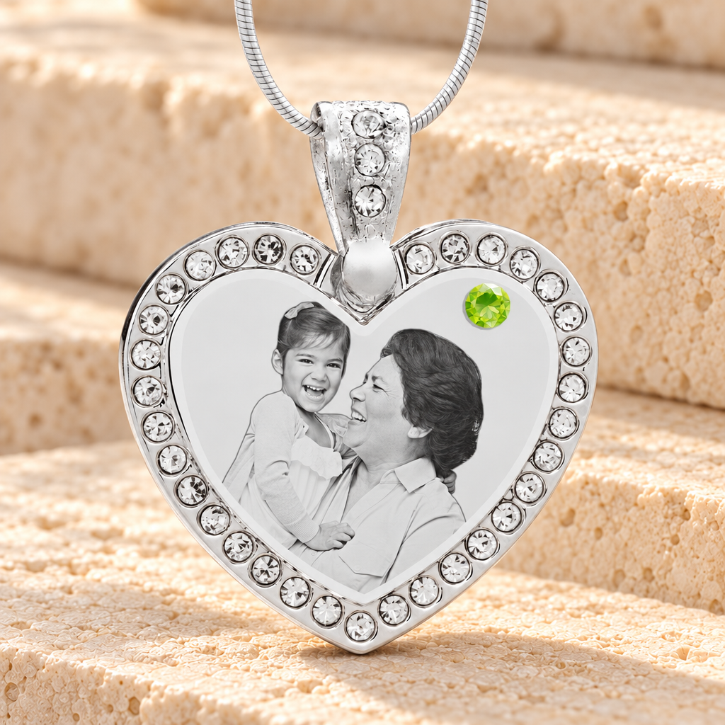 Birthstone Gem Heart August Photo Engraved Stainless Keepsake — main product image