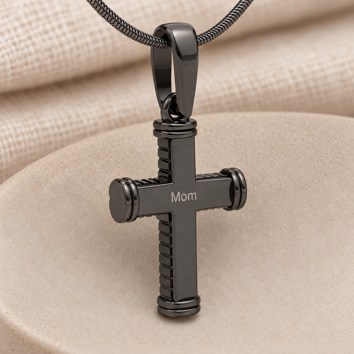 Black Plated Cable Cross Forever Sealed Memorial Jewelry — rear engraving — evr20026blfs