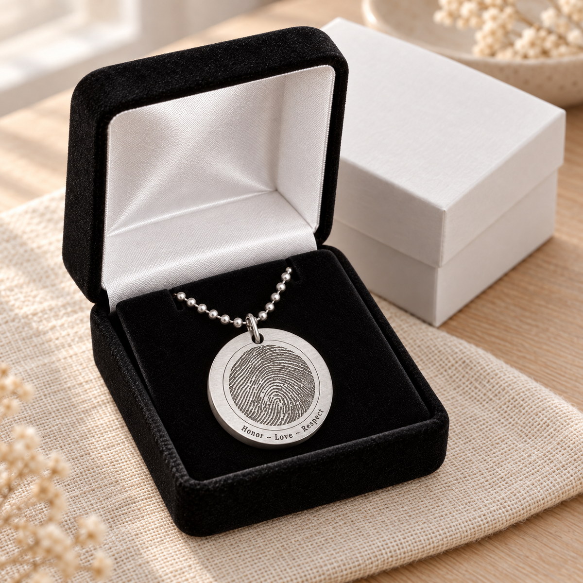 Thick Round Brushed Stainless Fingerprint Necklace — gift box — evr4891fp