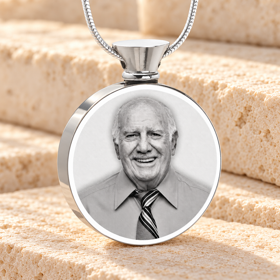 Round Stainless Steel Photo Engraved Ash Pendant