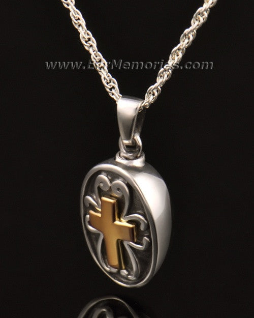 14k White Gold Oval with Cross Memorial Locket