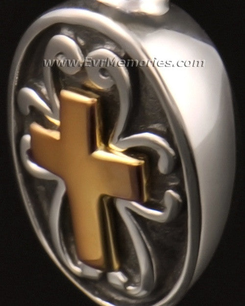 14k White Gold Oval with Cross Memorial Locket