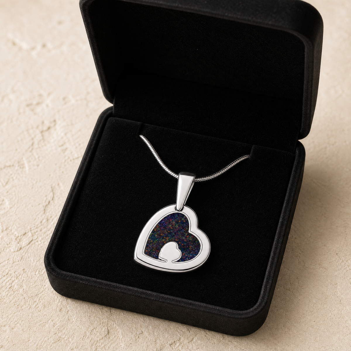 Two Of A Kind Heart Sterling Silver with Black Flame Opal Ash Resin Jewelry