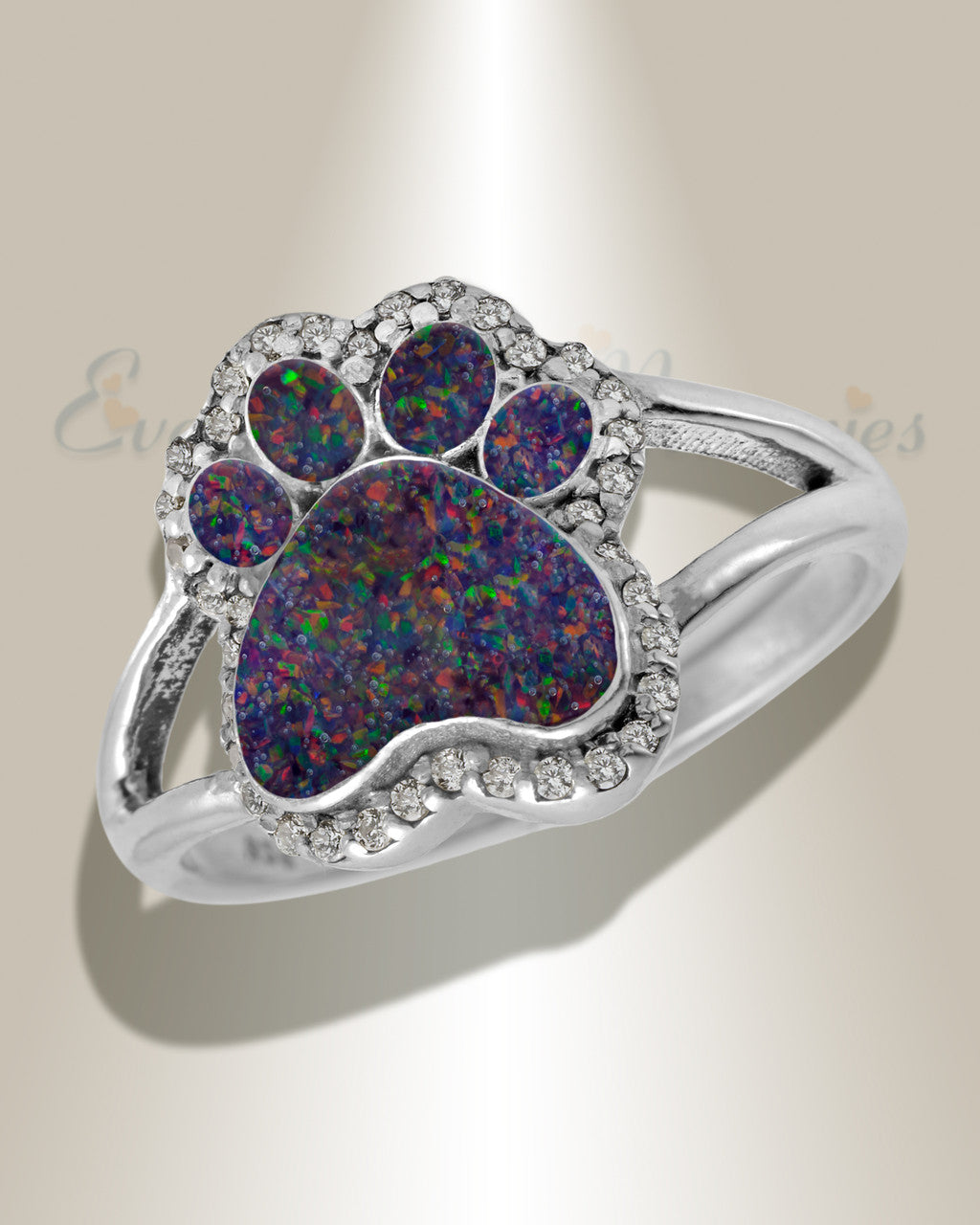 Women's Sterling Silver Paw Print Ash Ring with Black Flame Opal