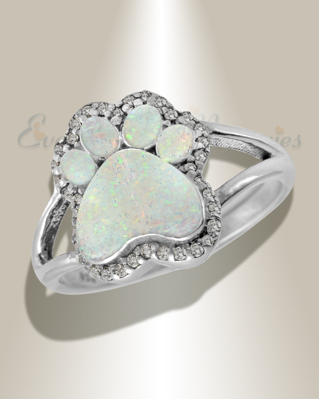 Women's Sterling Silver Paw Print Ash Ring with Crushed Cream Opal