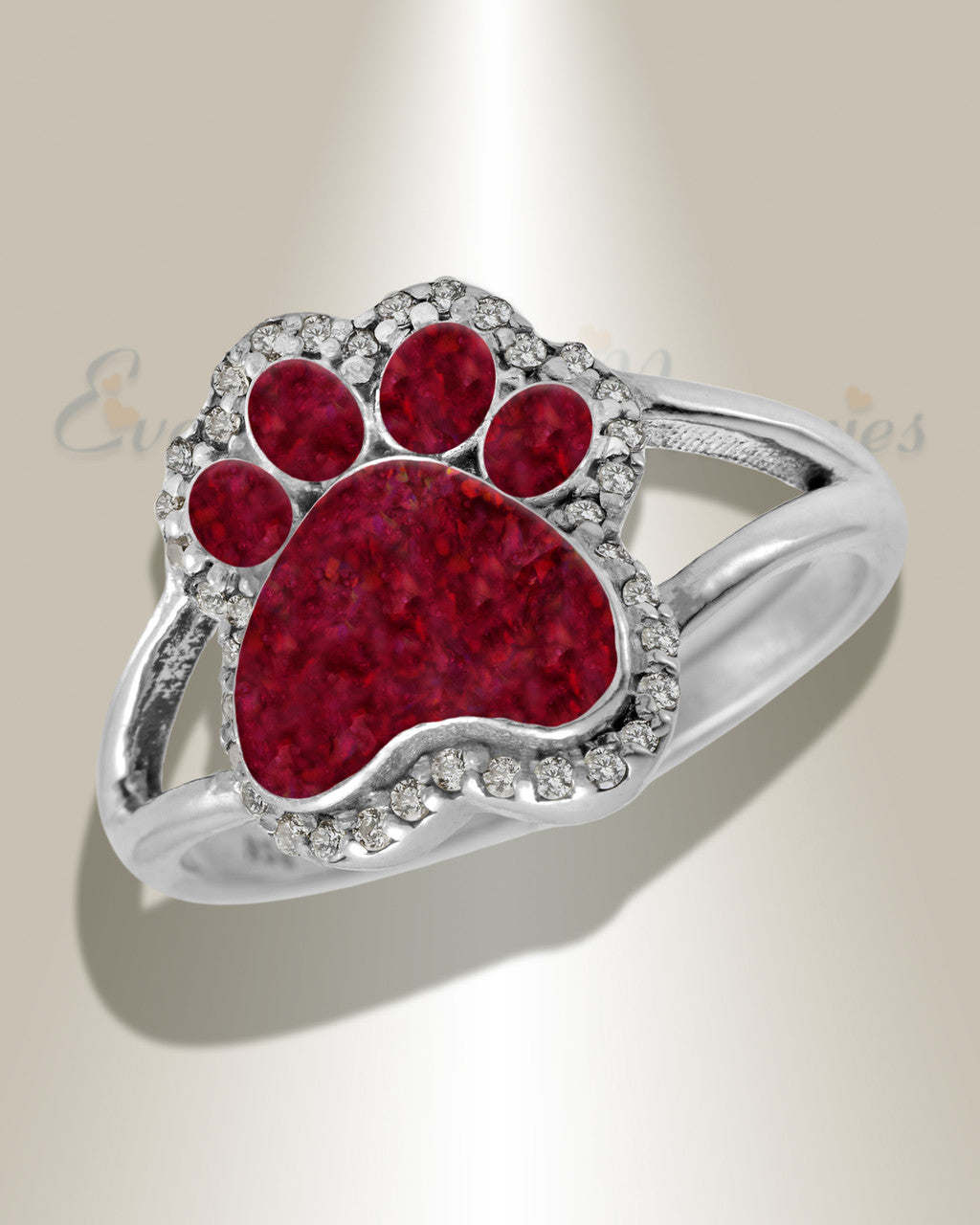Women's Sterling Silver Paw Print Ash Ring with Scarlet Pearl Opal
