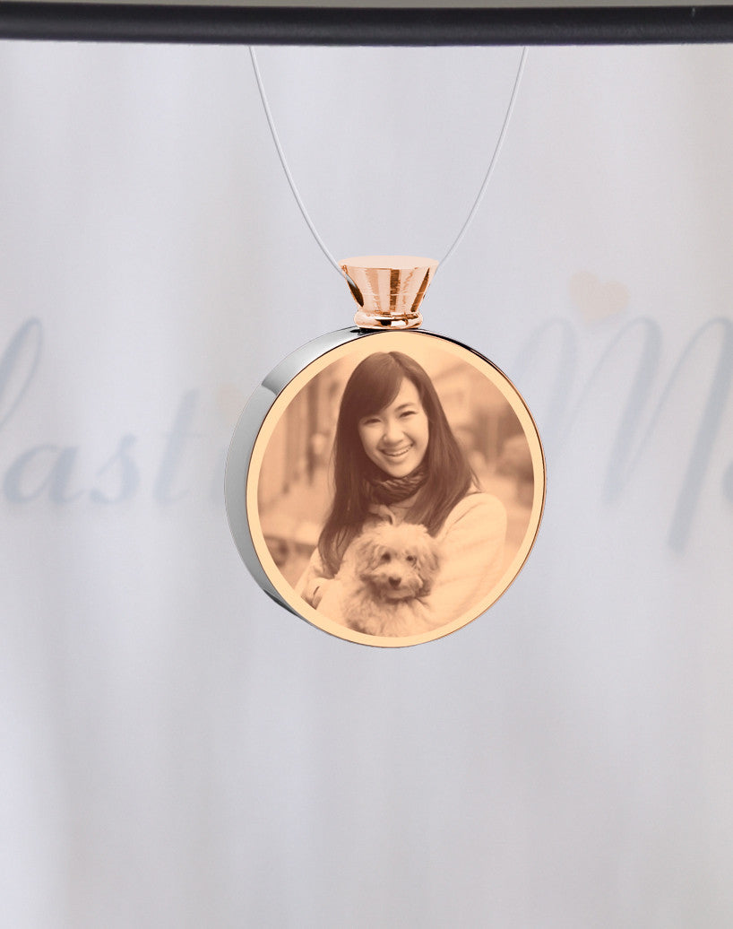 Round Rose Gold Plated Picture Engraved Pet Ash Guardian