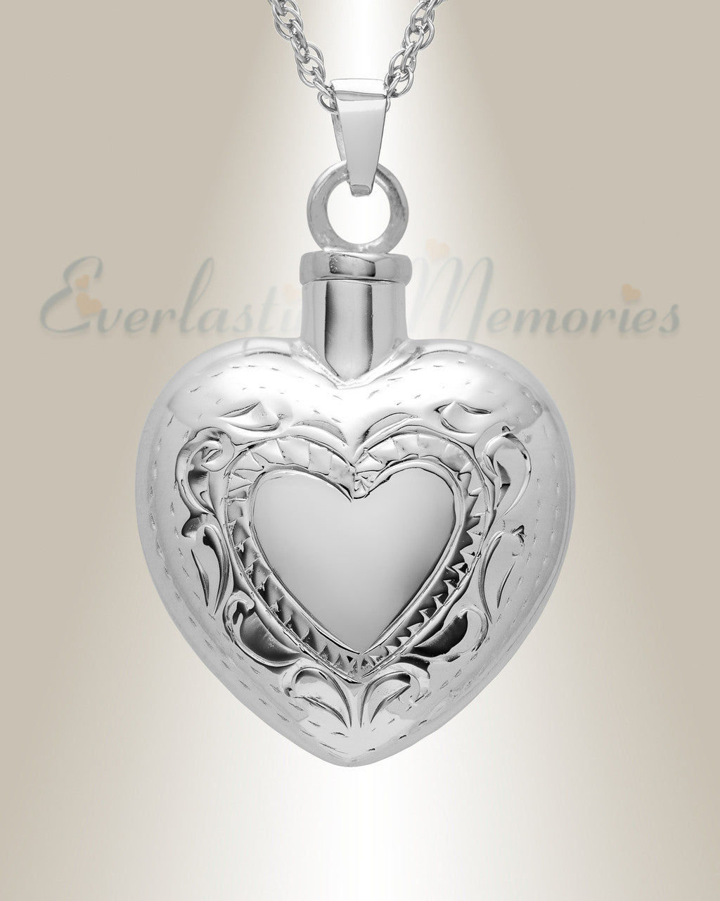 14k White Gold Etched Double Heart Cremation Urn Keepsake