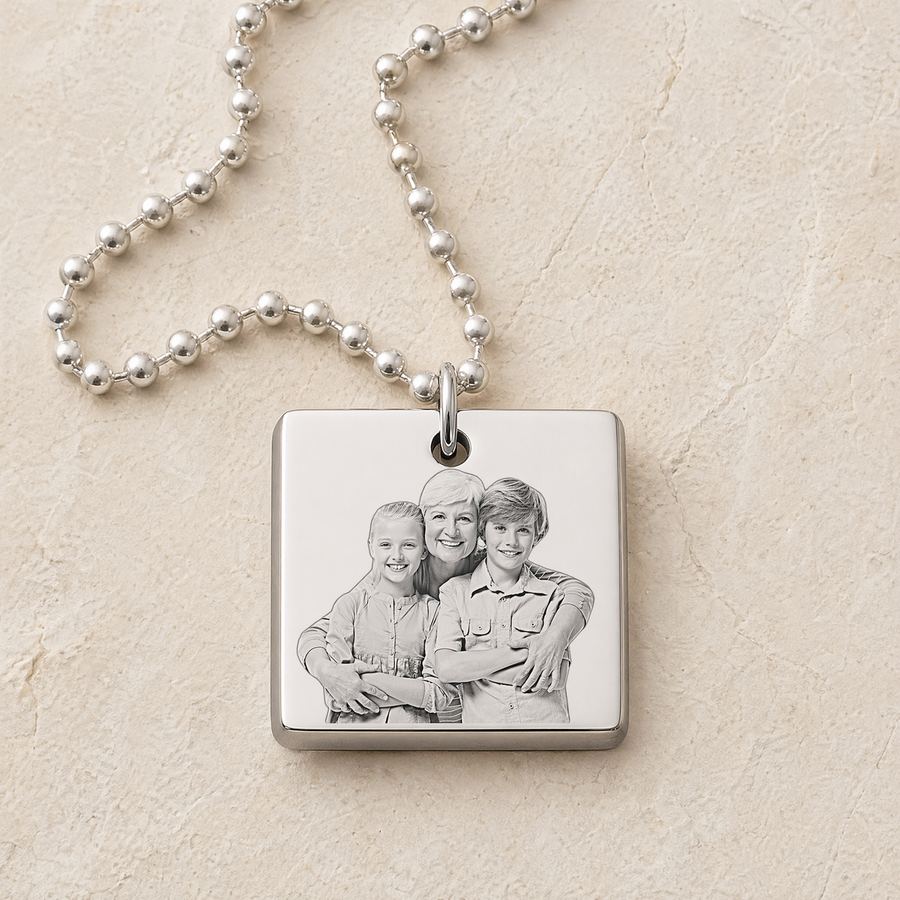 Silver Thick Squared Photo Engraved Pendant