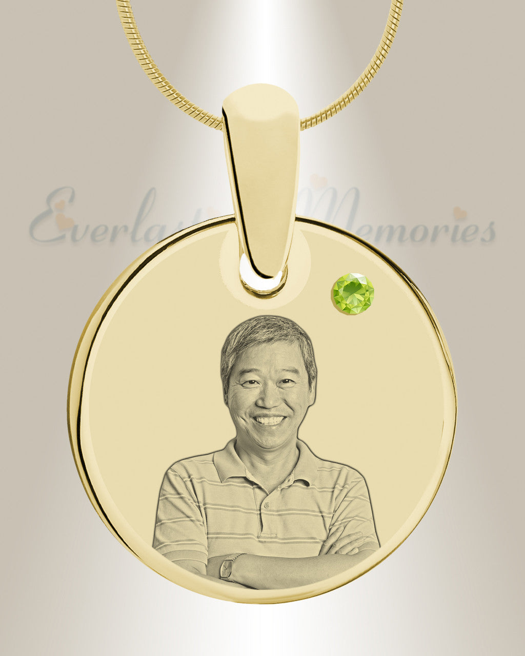 Birthstone Round August Photo Engraved Gold Plated over Stainless Keepsake