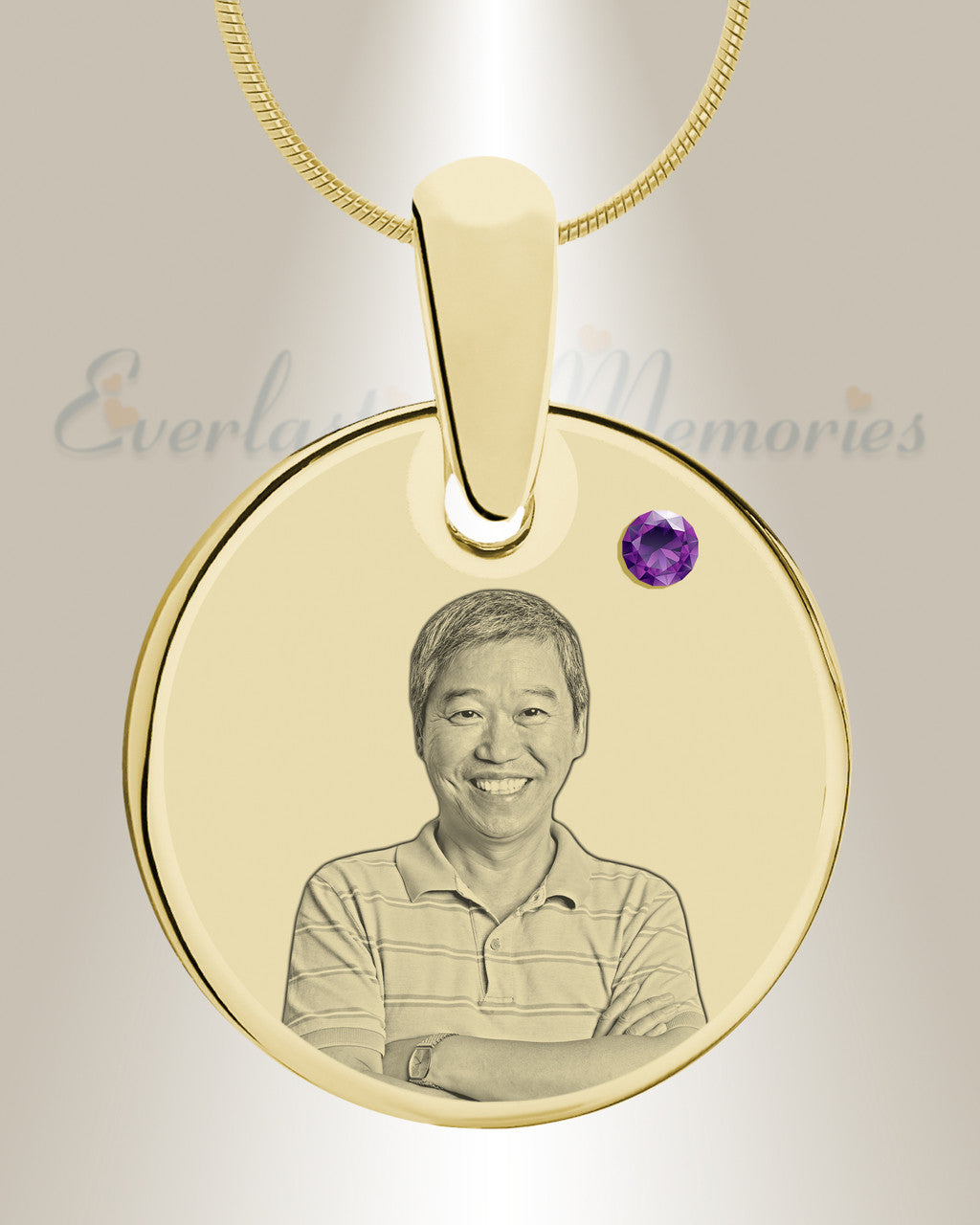 Birthstone Round February Photo Engraved Gold Plated over Stainless Keepsake