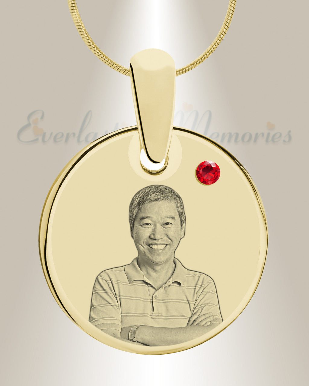 Birthstone Round July Photo Engraved Gold Plated over Stainless Keepsake
