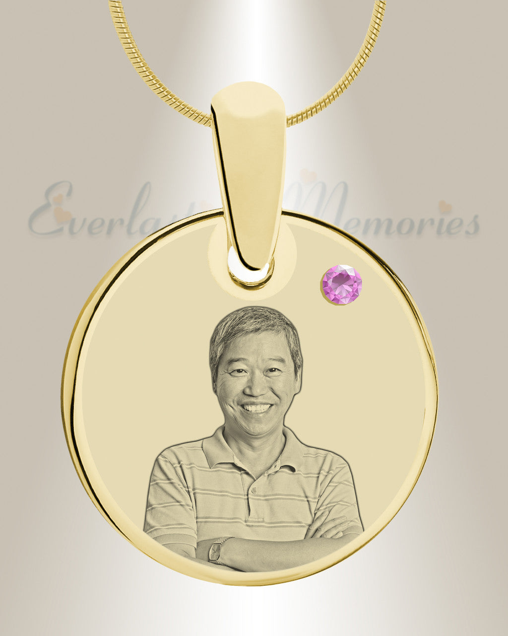 Birthstone Round June Photo Engraved Gold Plated over Stainless Keepsake