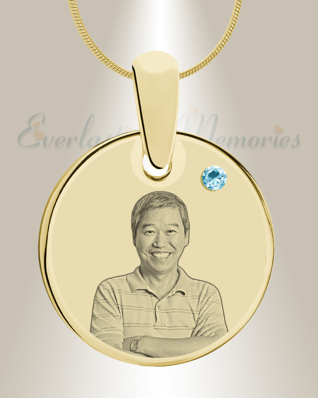 Birthstone Round March Photo Engraved Gold Plated over Stainless Keepsake