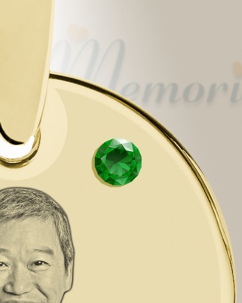 Birthstone Round May Photo Engraved Gold Plated over Stainless Keepsake