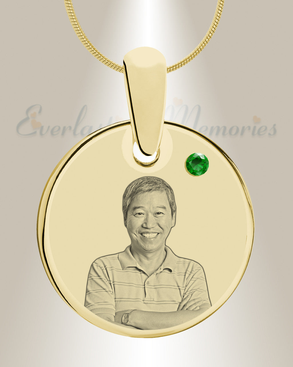 Birthstone Round May Photo Engraved Gold Plated over Stainless Keepsake