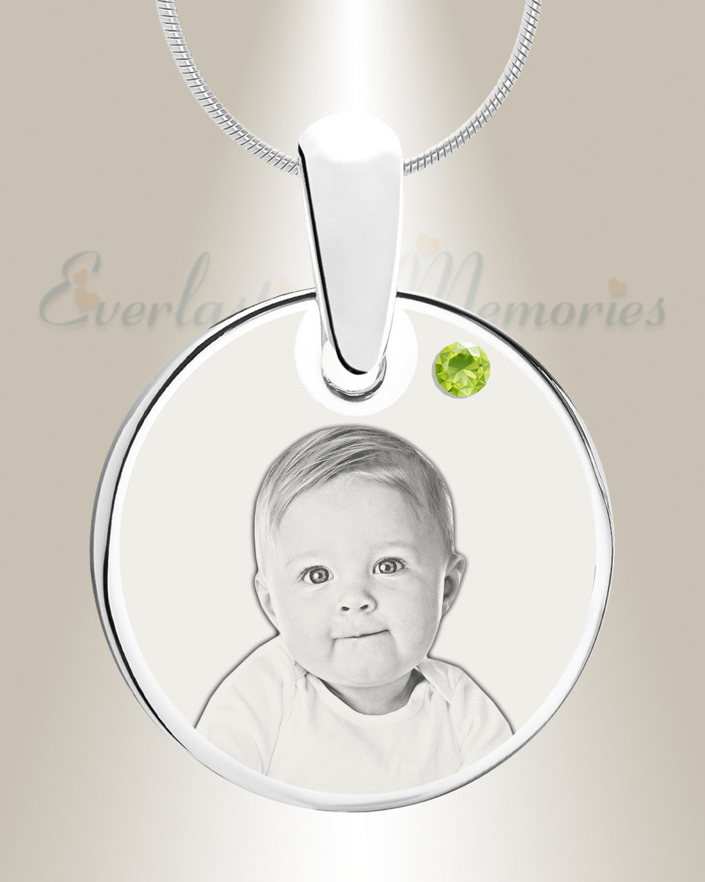 Birthstone Round August Photo Engraved Stainless Keepsake