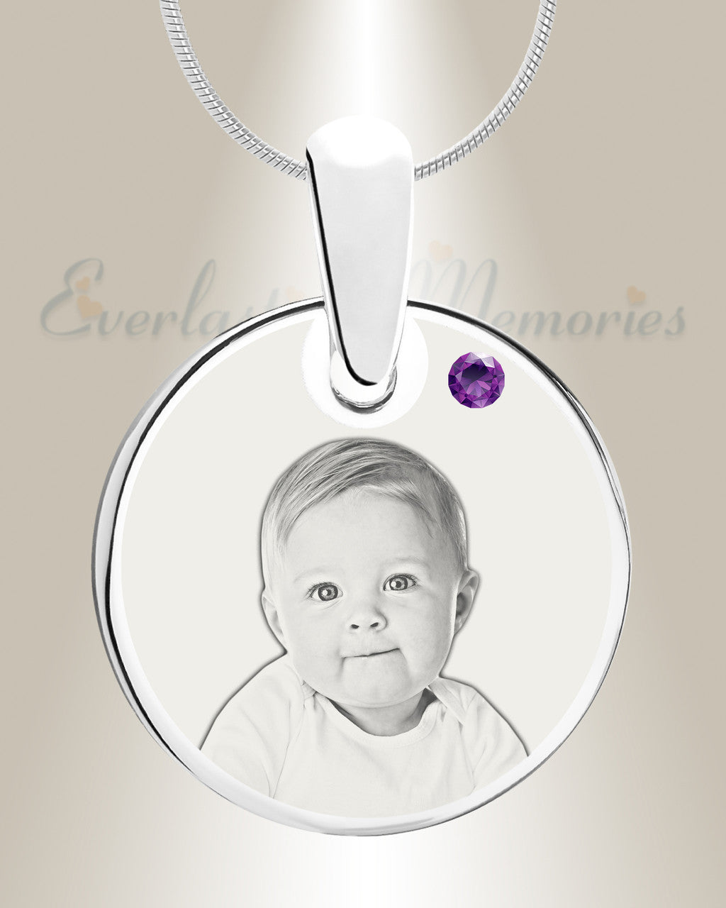 Birthstone Round February Photo Engraved Stainless Keepsake