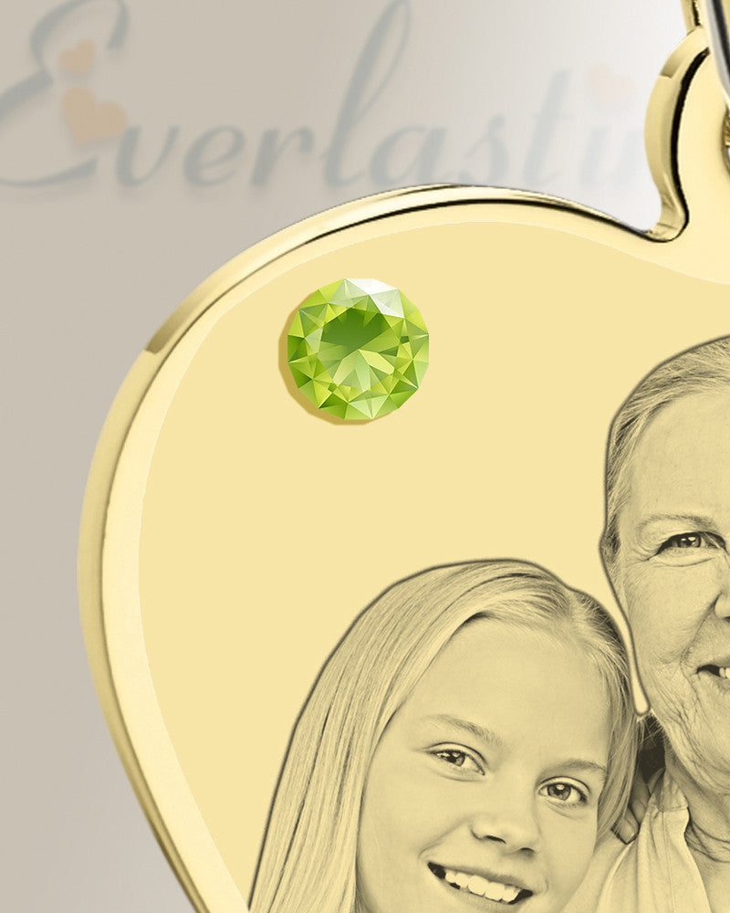 August Birthstone Heart Photo Engraved Gold Plated over Stainless Keepsake