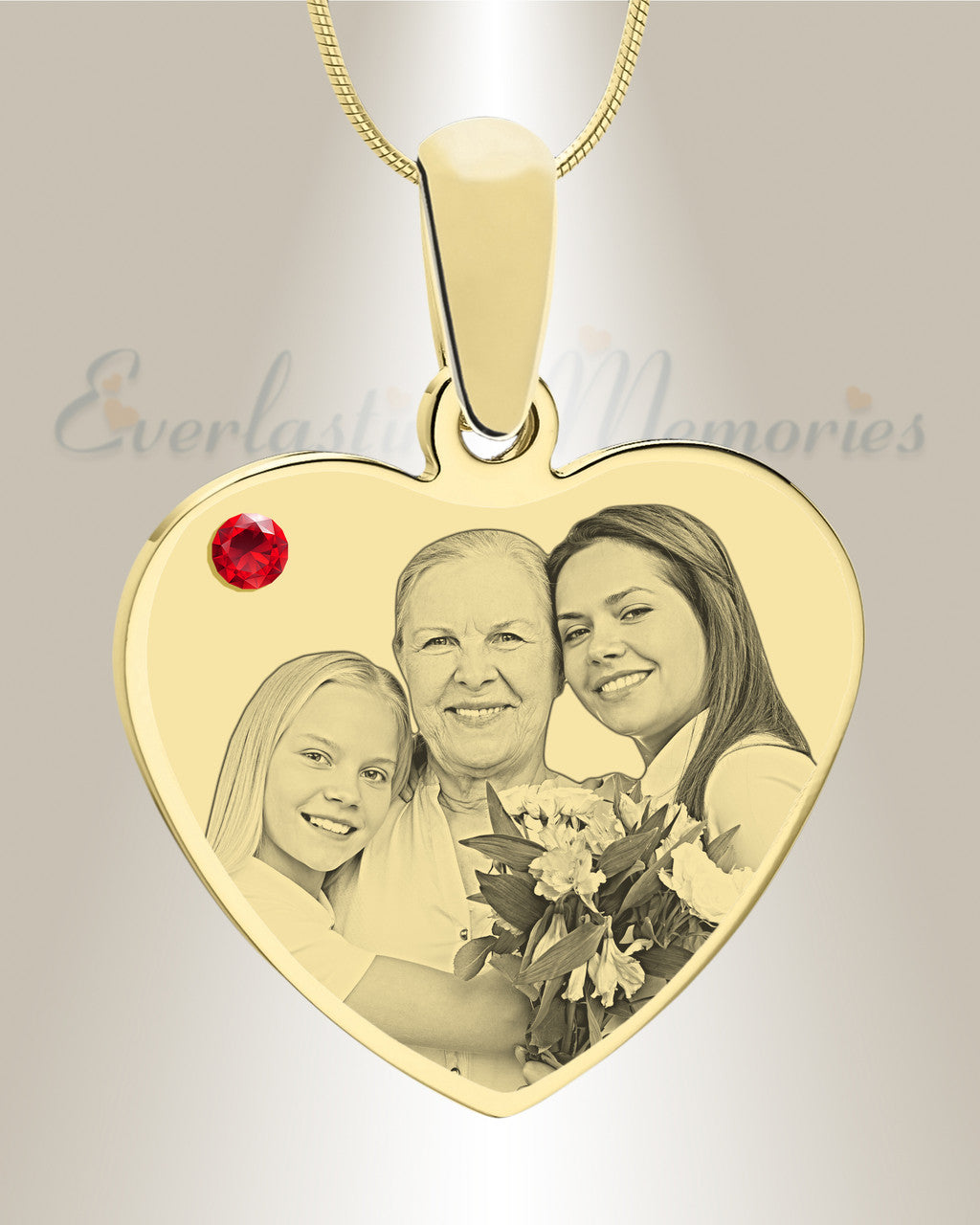 July Birthstone Heart Photo Engraved Gold Plated over Stainless Keepsake