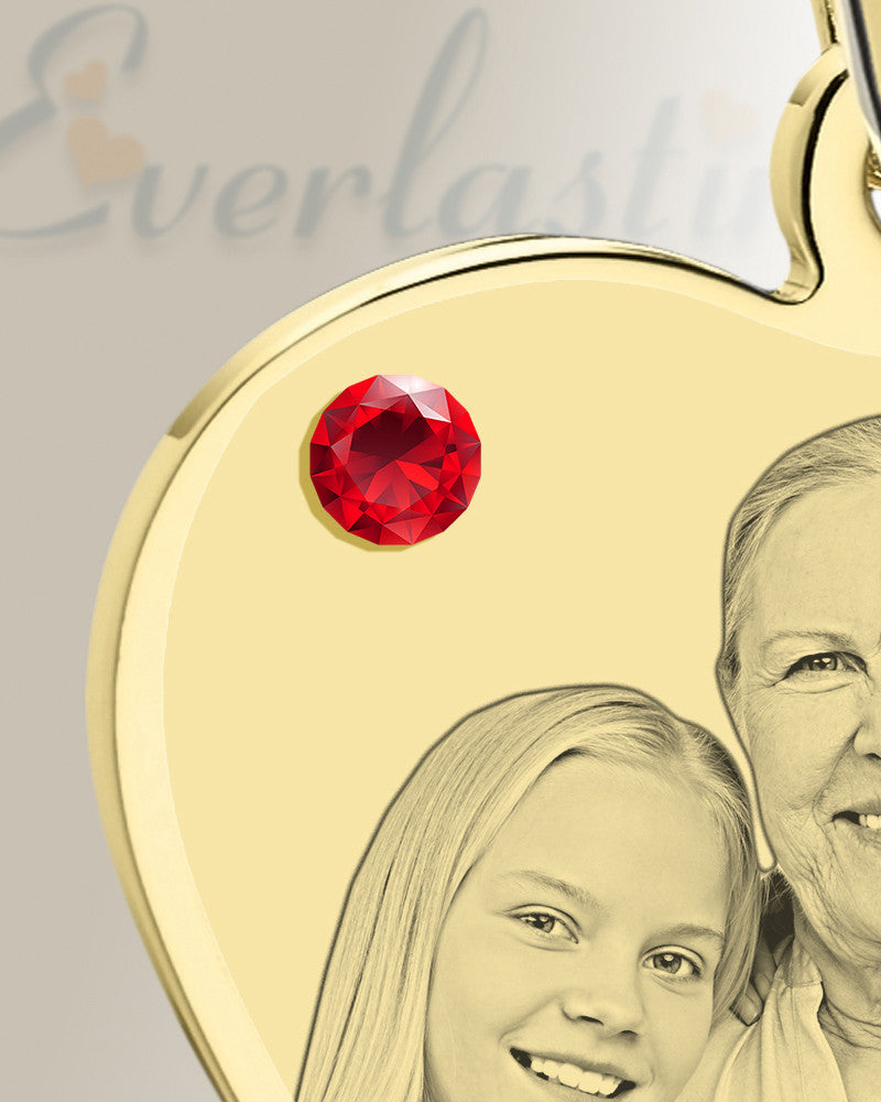 July Birthstone Heart Photo Engraved Gold Plated over Stainless Keepsake
