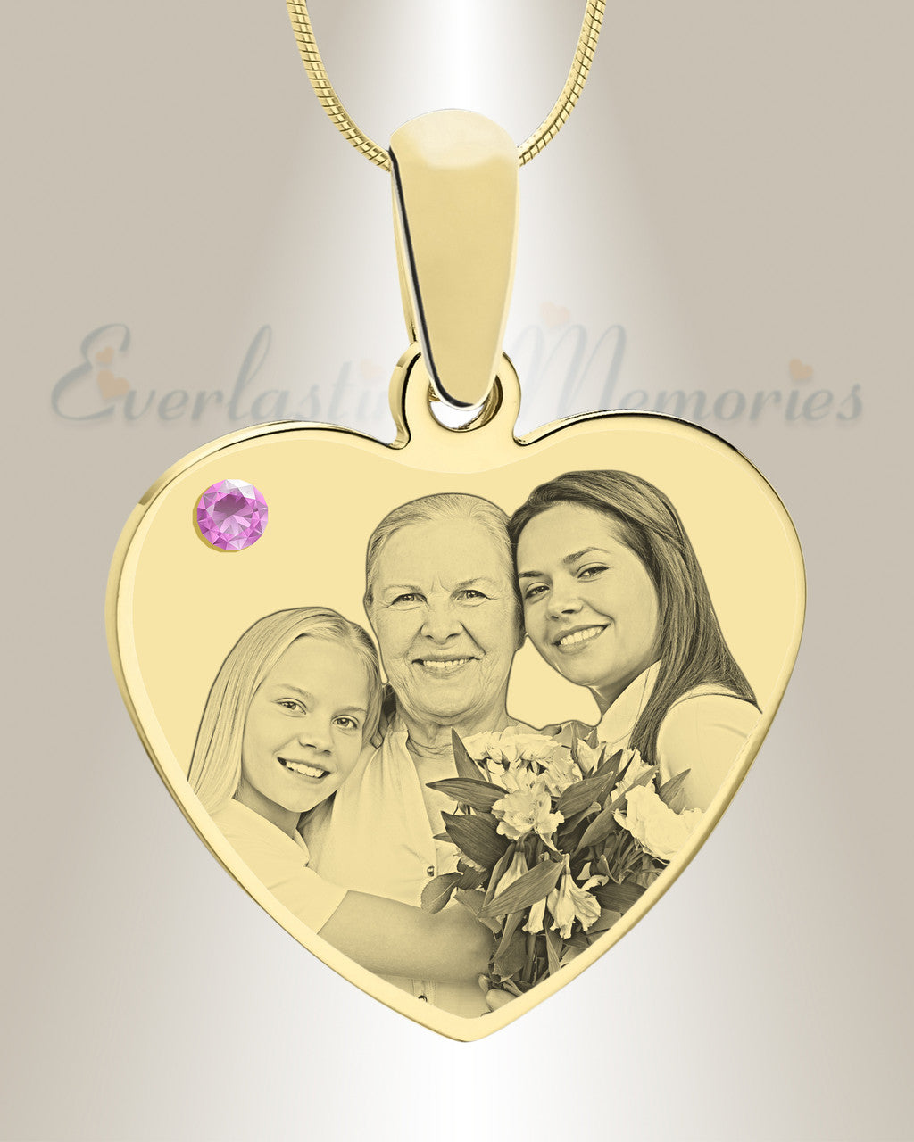 June Birthstone Heart Photo Engraved Gold Plated over Stainless Keepsake
