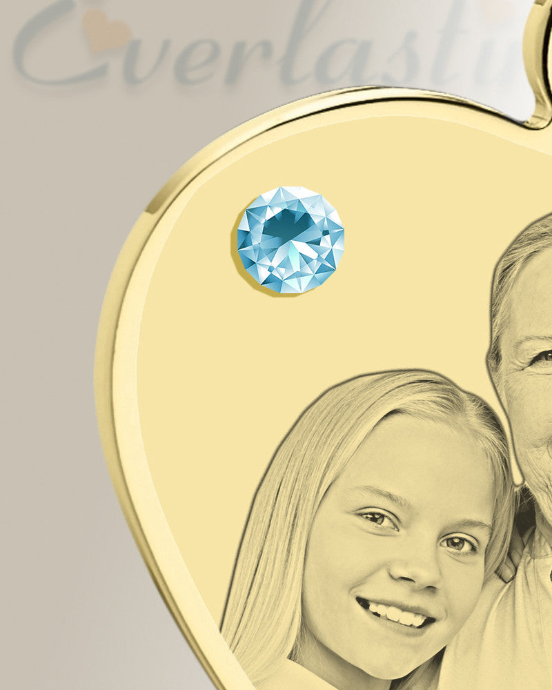 March Birthstone Heart Photo Engraved Gold Plated over Stainless Keepsake