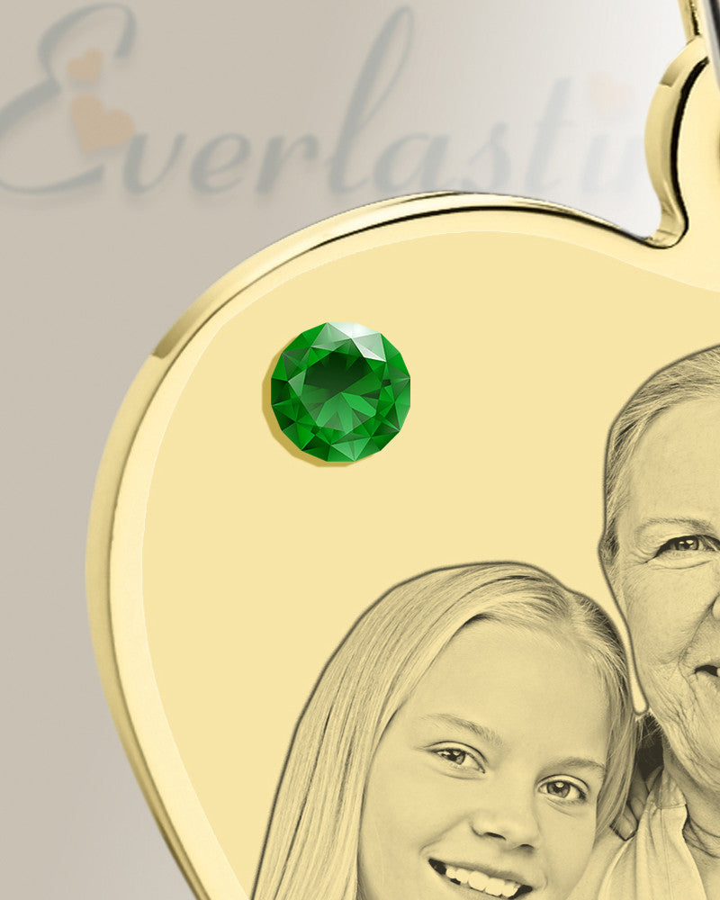May Birthstone Heart Photo Engraved Gold Plated over Stainless Keepsake