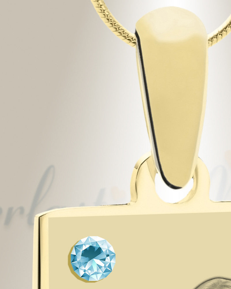 Birthstone Rectangle March Photo Engraved Gold Plated over Stainless Keepsake