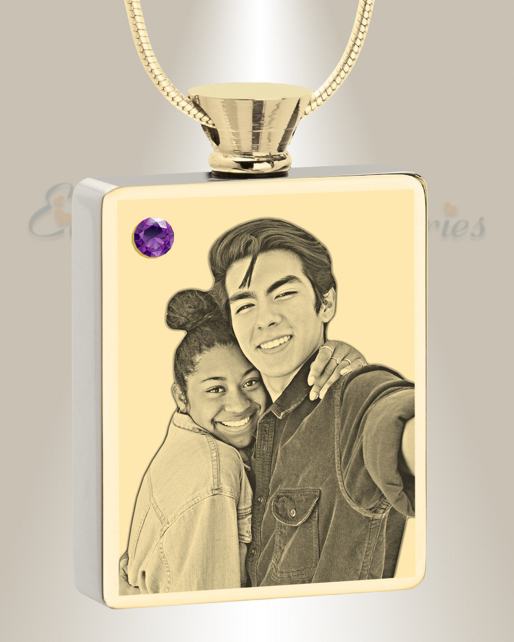 February Birthstone Rectangle Gold Plated Photo Engraved Ash Pendant