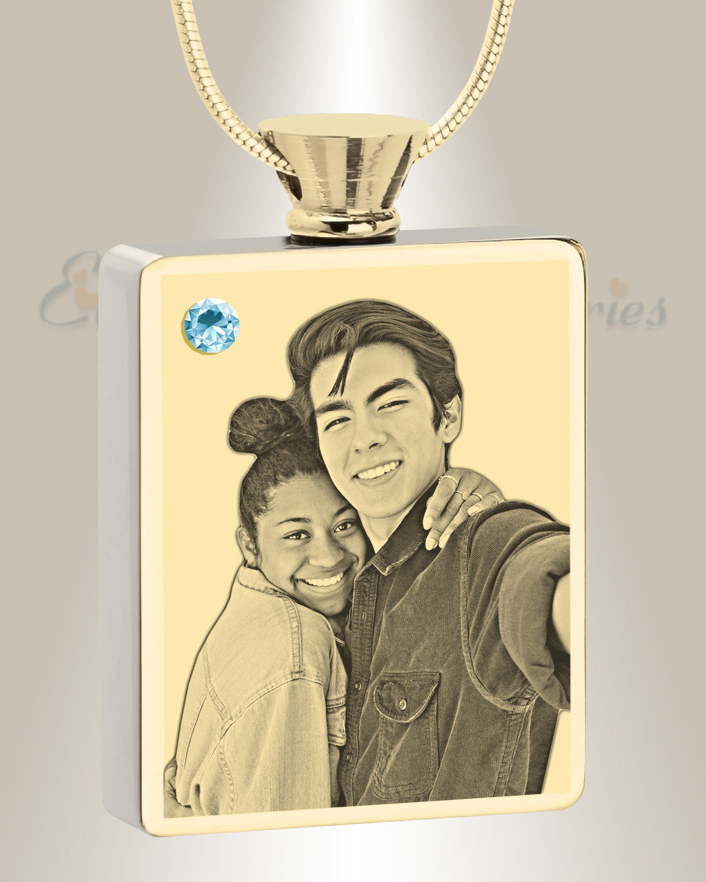 March Birthstone Rectangle Gold Plated Photo Engraved Ash Pendant