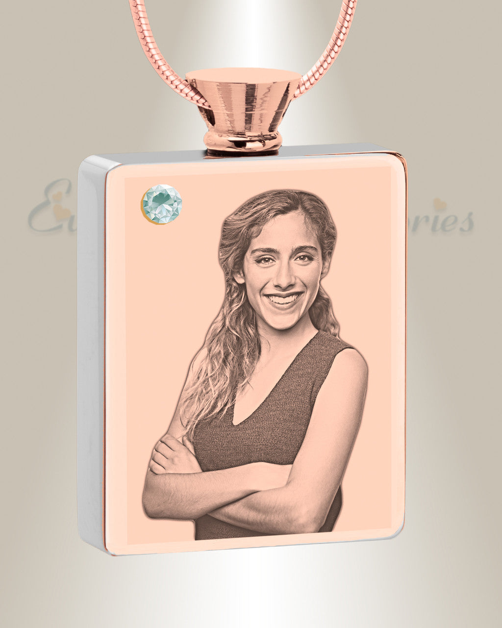 April Birthstone Rectangle Rose Gold Plated Photo Engraved Ash Pendant