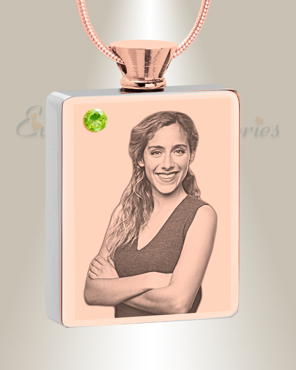 August Birthstone Rectangle Rose Gold Plated Photo Engraved Ash Pendant