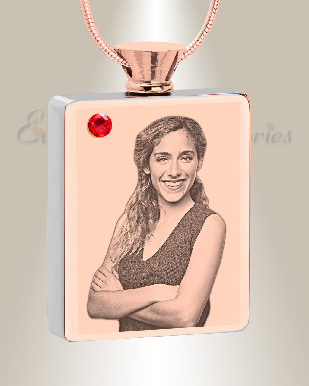 July Birthstone Rectangle Rose Gold Plated Photo Engraved Ash Pendant