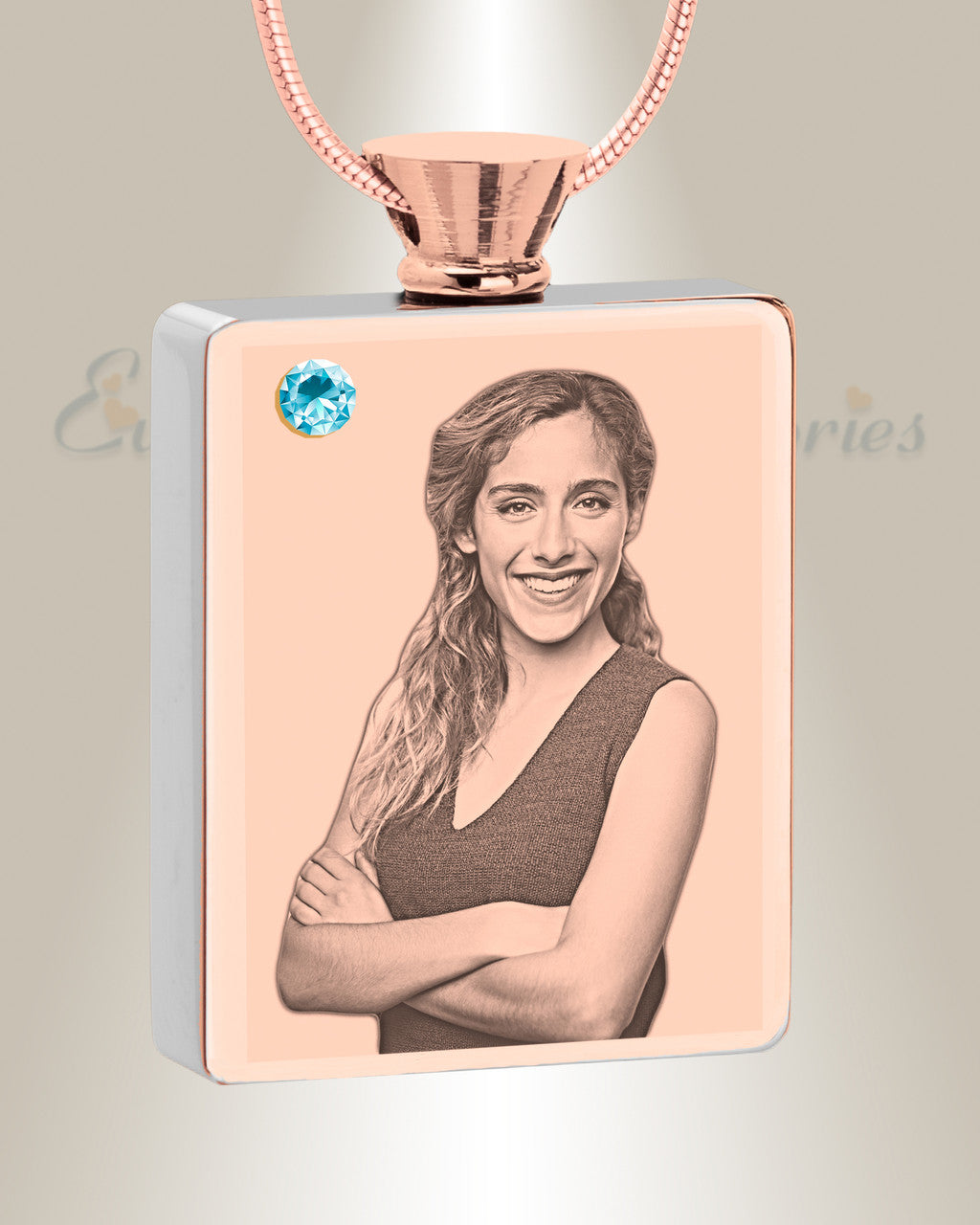 March Birthstone Rectangle Rose Gold Plated Photo Engraved Ash Pendant