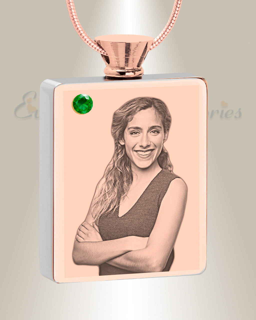 May Birthstone Rectangle Rose Gold Plated Photo Engraved Ash Pendant