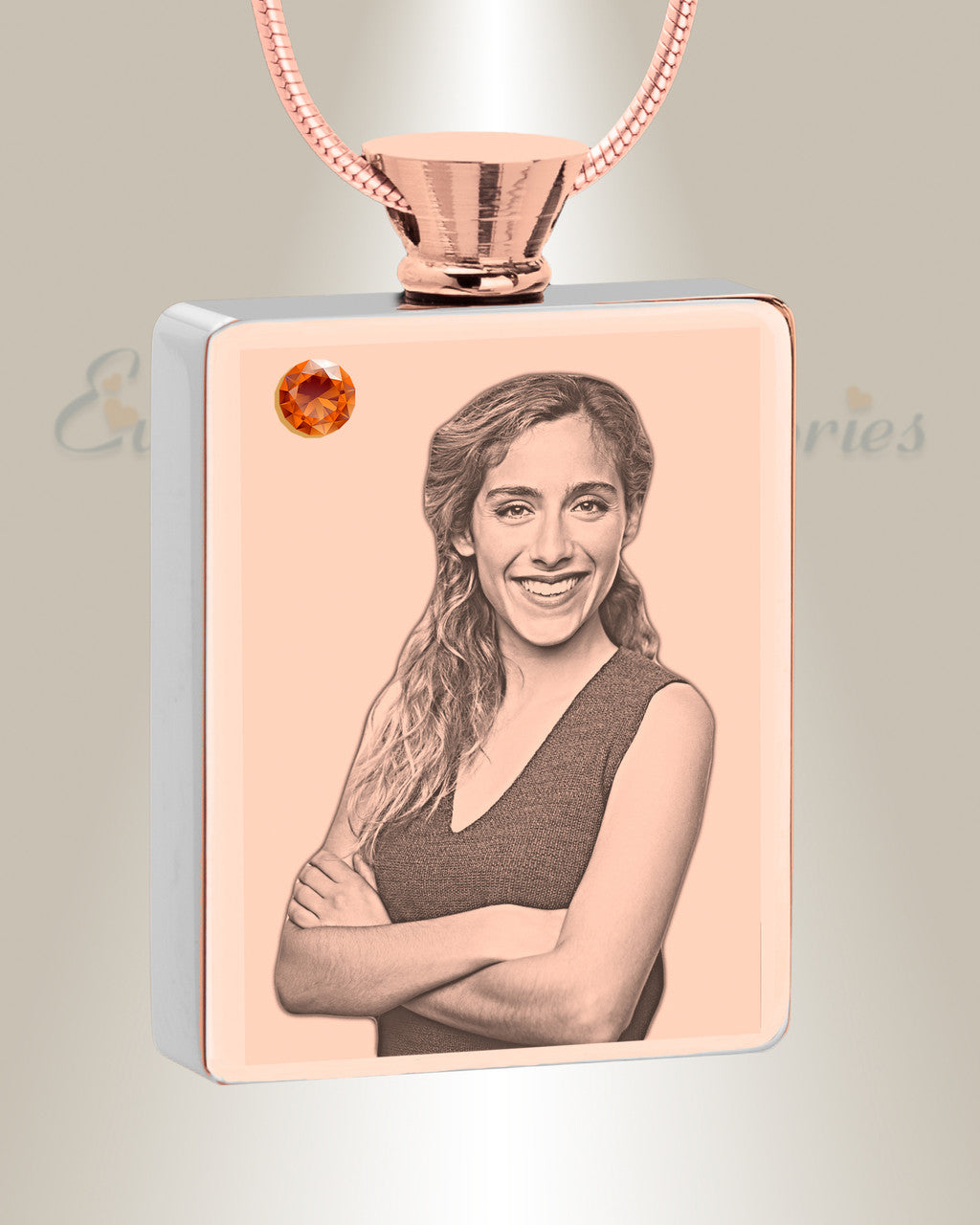 November Birthstone Rectangle Rose Gold Plated Photo Engraved Ash Pendant