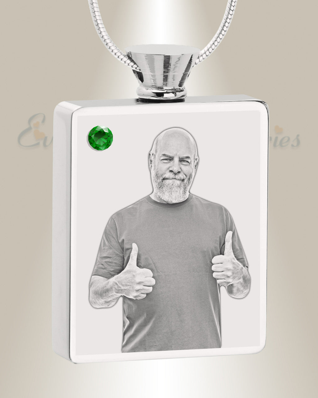 May Birthstone Rectangle Stainless Steel Photo Engraved Ash Pendant
